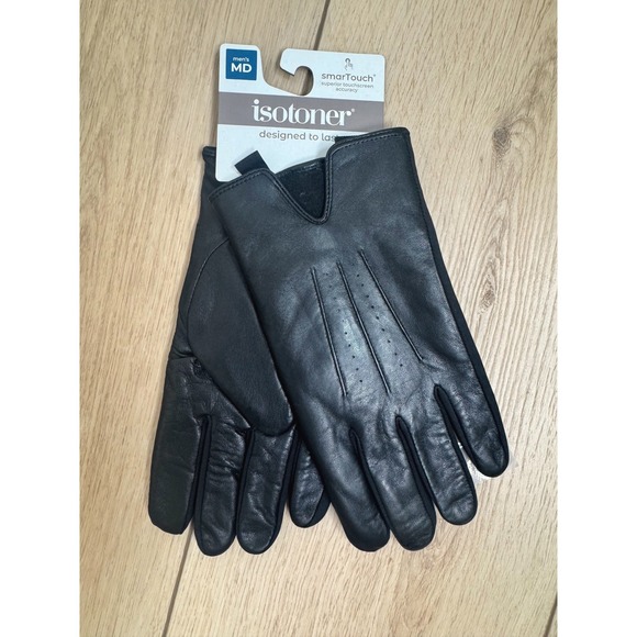 Isotoner Men's Black Genuine Leather Gloves SmarTouch Touchscreen Compatible MED - Picture 1 of 6